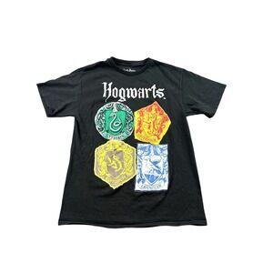 Harry Potter Hogwarts Houses Crest Graphic T-Shirt Black Adult XL Puff Print